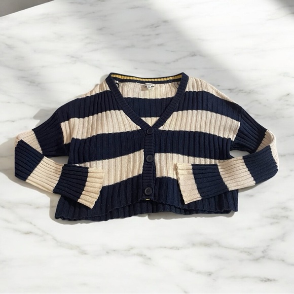 American Eagle Navy and Cream Striped Button Sweater - Picture 2 of 8